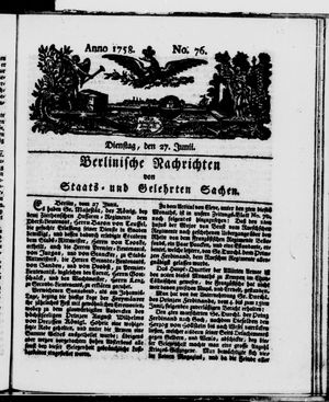 Berlinische Nachrichten von Staats- und gelehrten Sachen vom 27.06.1758