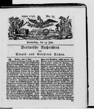 Berlinische Nachrichten von Staats- und gelehrten Sachen vom 13.07.1758
