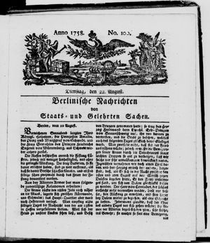 Berlinische Nachrichten von Staats- und gelehrten Sachen vom 22.08.1758