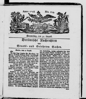 Berlinische Nachrichten von Staats- und gelehrten Sachen vom 31.08.1758