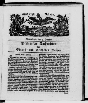 Berlinische Nachrichten von Staats- und gelehrten Sachen on Oct 7, 1758