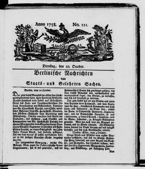 Berlinische Nachrichten von Staats- und gelehrten Sachen vom 10.10.1758