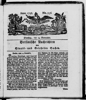 Berlinische Nachrichten von Staats- und gelehrten Sachen vom 14.11.1758