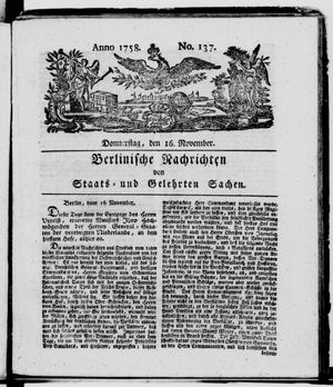 Berlinische Nachrichten von Staats- und gelehrten Sachen vom 16.11.1758