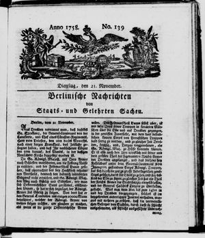 Berlinische Nachrichten von Staats- und gelehrten Sachen vom 21.11.1758