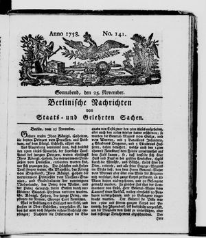 Berlinische Nachrichten von Staats- und gelehrten Sachen vom 25.11.1758