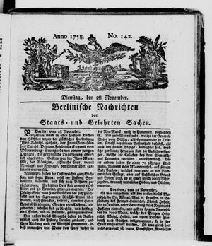 Berlinische Nachrichten von Staats- und gelehrten Sachen vom 28.11.1758