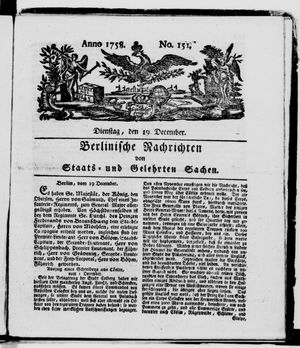 Berlinische Nachrichten von Staats- und gelehrten Sachen vom 19.12.1758