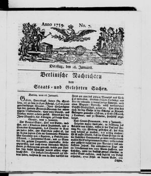Berlinische Nachrichten von Staats- und gelehrten Sachen vom 16.01.1759