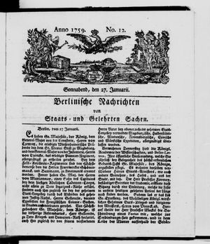 Berlinische Nachrichten von Staats- und gelehrten Sachen vom 27.01.1759
