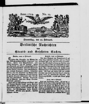 Berlinische Nachrichten von Staats- und gelehrten Sachen vom 22.02.1759