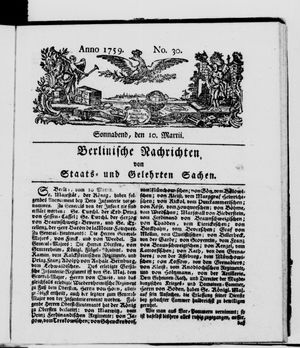 Berlinische Nachrichten von Staats- und gelehrten Sachen vom 10.03.1759