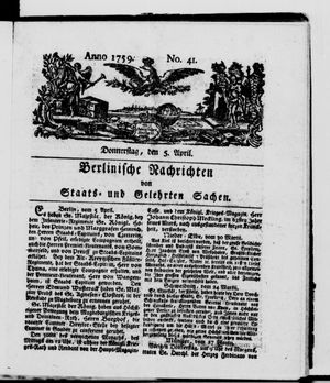 Berlinische Nachrichten von Staats- und gelehrten Sachen vom 05.04.1759