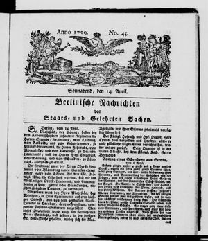 Berlinische Nachrichten von Staats- und gelehrten Sachen vom 14.04.1759