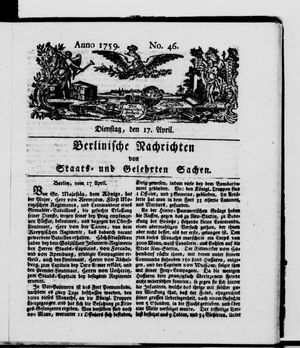 Berlinische Nachrichten von Staats- und gelehrten Sachen vom 17.04.1759