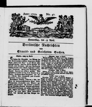 Berlinische Nachrichten von Staats- und gelehrten Sachen vom 19.04.1759