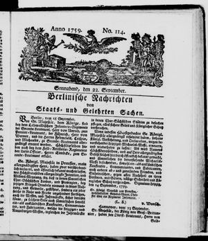 Berlinische Nachrichten von Staats- und gelehrten Sachen vom 22.09.1759