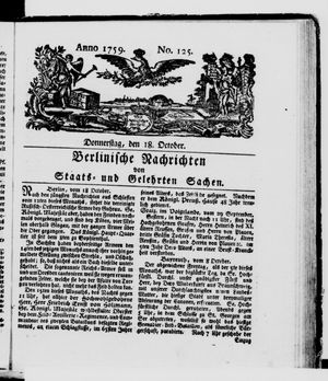 Berlinische Nachrichten von Staats- und gelehrten Sachen vom 18.10.1759