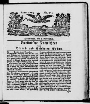 Berlinische Nachrichten von Staats- und gelehrten Sachen vom 01.11.1759