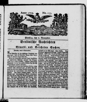Berlinische Nachrichten von Staats- und gelehrten Sachen vom 06.11.1759