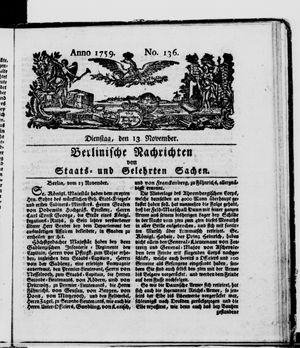 Berlinische Nachrichten von Staats- und gelehrten Sachen vom 13.11.1759