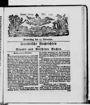 Berlinische Nachrichten von Staats- und gelehrten Sachen vom 15.11.1759