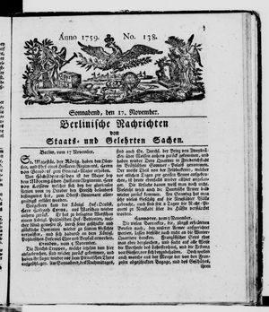 Berlinische Nachrichten von Staats- und gelehrten Sachen vom 17.11.1759
