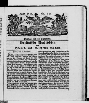 Berlinische Nachrichten von Staats- und gelehrten Sachen vom 20.11.1759