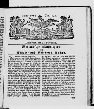 Berlinische Nachrichten von Staats- und gelehrten Sachen vom 22.11.1759