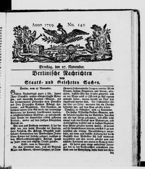 Berlinische Nachrichten von Staats- und gelehrten Sachen vom 27.11.1759