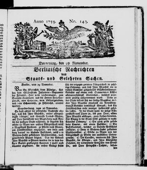 Berlinische Nachrichten von Staats- und gelehrten Sachen vom 29.11.1759