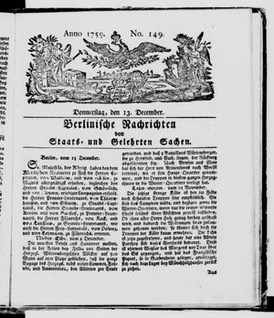 Berlinische Nachrichten von Staats- und gelehrten Sachen vom 13.12.1759