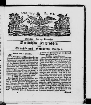 Berlinische Nachrichten von Staats- und gelehrten Sachen vom 25.12.1759