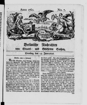 Berlinische Nachrichten von Staats- und gelehrten Sachen vom 15.01.1760