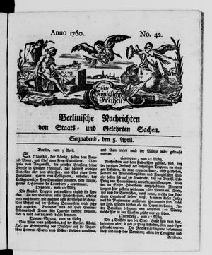 Berlinische Nachrichten von Staats- und gelehrten Sachen vom 05.04.1760