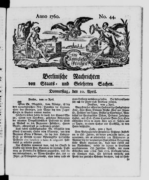 Berlinische Nachrichten von Staats- und gelehrten Sachen on Apr 10, 1760