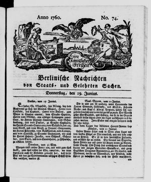 Berlinische Nachrichten von Staats- und gelehrten Sachen vom 19.06.1760