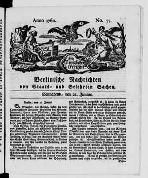 Berlinische Nachrichten von Staats- und gelehrten Sachen on Jun 21, 1760