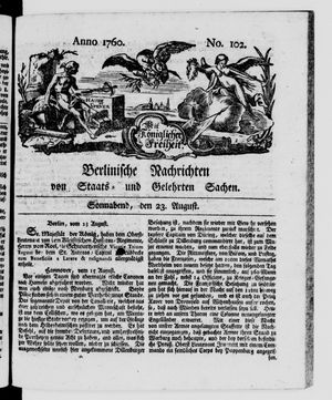 Berlinische Nachrichten von Staats- und gelehrten Sachen vom 23.08.1760