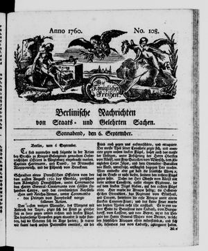 Berlinische Nachrichten von Staats- und gelehrten Sachen vom 06.09.1760