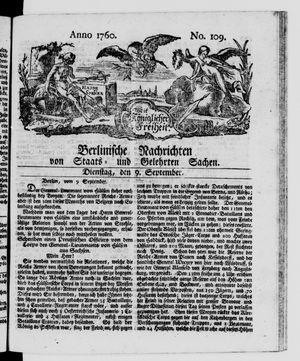 Berlinische Nachrichten von Staats- und gelehrten Sachen vom 09.09.1760