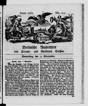 Berlinische Nachrichten von Staats- und gelehrten Sachen vom 11.09.1760