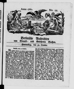 Berlinische Nachrichten von Staats- und gelehrten Sachen vom 30.10.1760