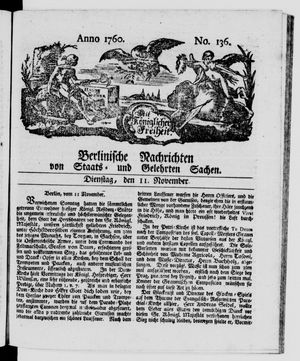 Berlinische Nachrichten von Staats- und gelehrten Sachen vom 11.11.1760