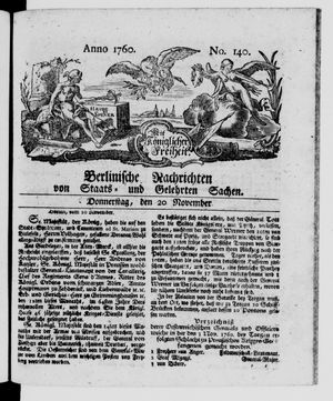 Berlinische Nachrichten von Staats- und gelehrten Sachen vom 20.11.1760