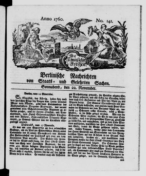 Berlinische Nachrichten von Staats- und gelehrten Sachen vom 22.11.1760