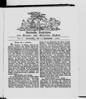 Berlinische Nachrichten von Staats- und gelehrten Sachen vom 15.01.1761