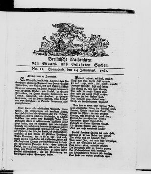 Berlinische Nachrichten von Staats- und gelehrten Sachen vom 24.01.1761