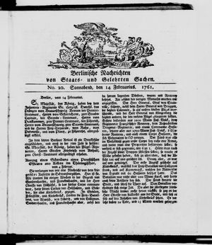Berlinische Nachrichten von Staats- und gelehrten Sachen vom 14.02.1761