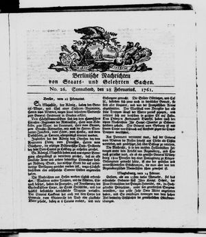 Berlinische Nachrichten von Staats- und gelehrten Sachen vom 28.02.1761